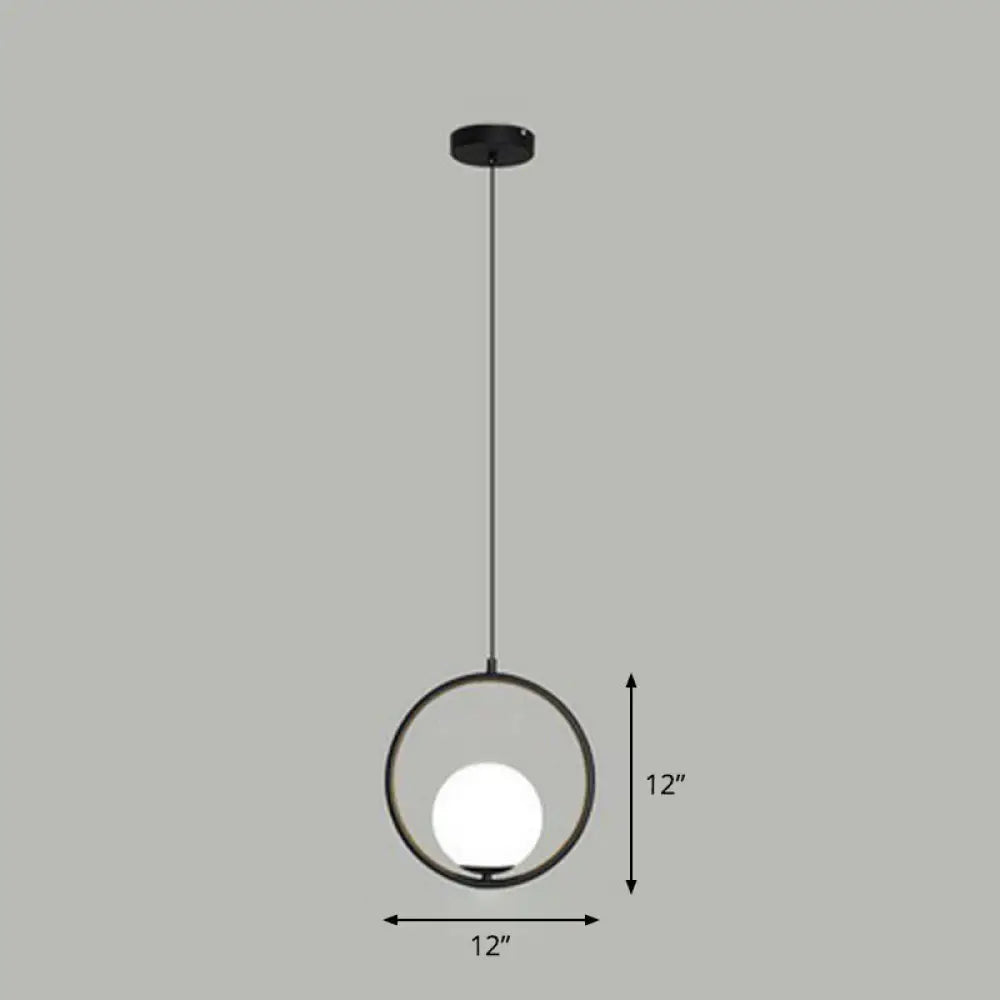 White Glass Pendant Light With Metal Ring - Simple Ball Ceiling Lamp Black / 12’
