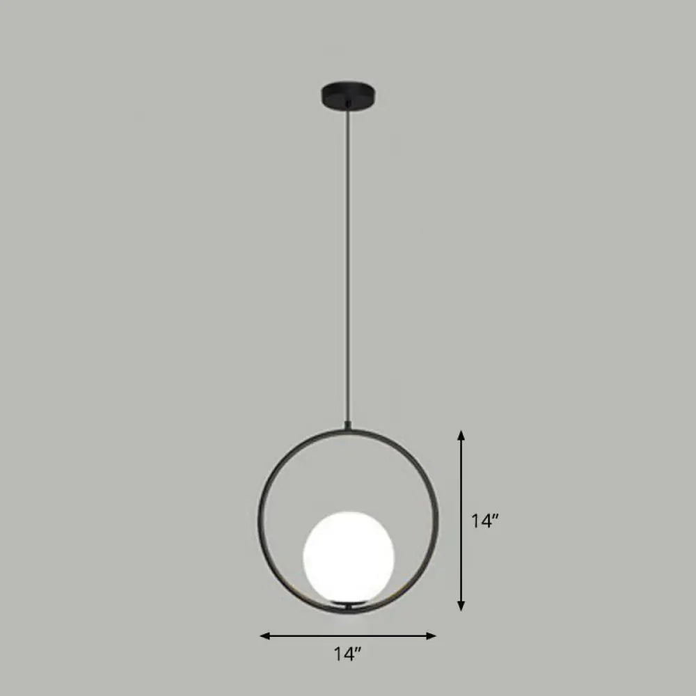 White Glass Pendant Light With Metal Ring - Simple Ball Ceiling Lamp Black / 14’