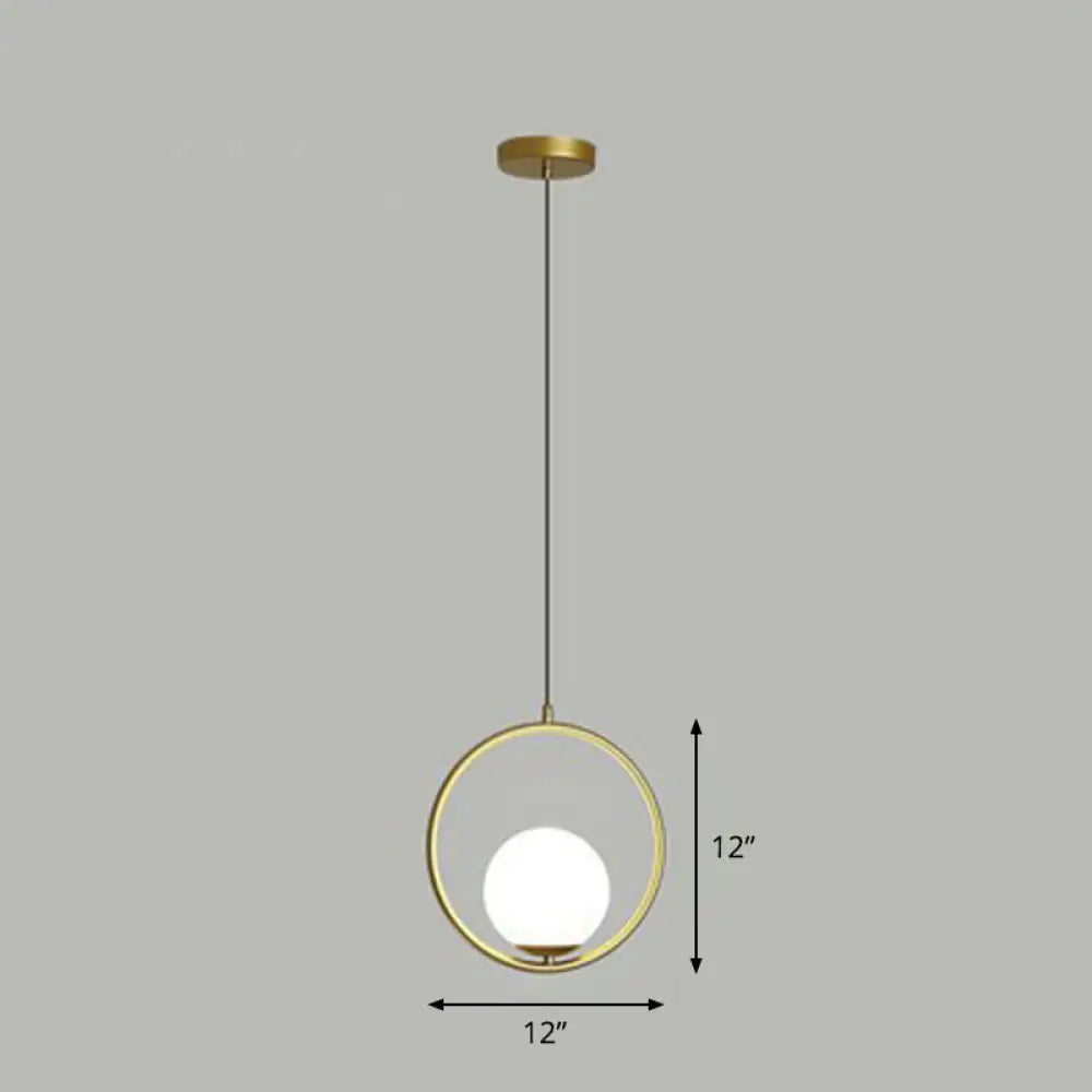 White Glass Pendant Light With Metal Ring - Simple Ball Ceiling Lamp Gold / 12’