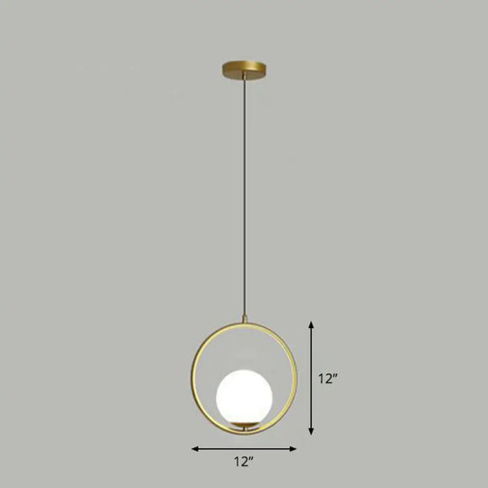 White Glass Pendant Light With Metal Ring - Simple Ball Ceiling Lamp Gold / 12’