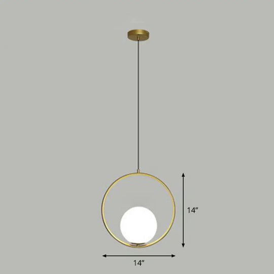 White Glass Pendant Light With Metal Ring - Simple Ball Ceiling Lamp Gold / 14’
