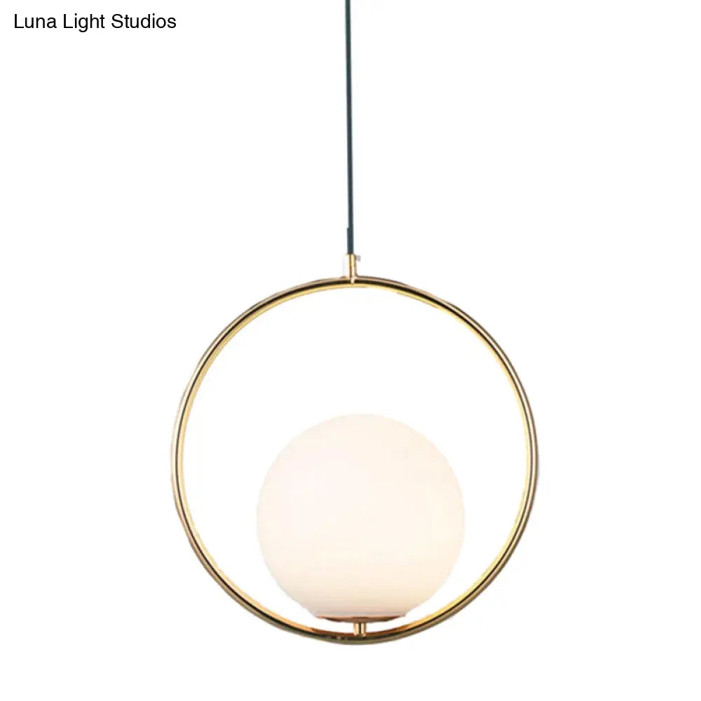 Mid-Century Globe Pendant Lamp With White Glass Shade And Metal Ring