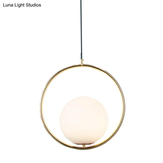 Mid-Century Globe Pendant Lamp With White Glass Shade And Metal Ring