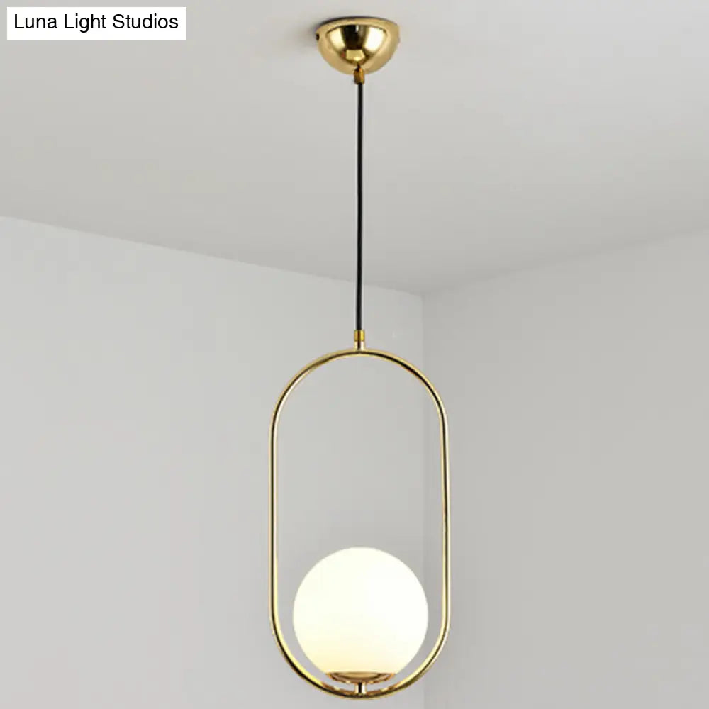 Mid-Century Globe Pendant Lamp With White Glass Shade And Metal Ring Gold / 16