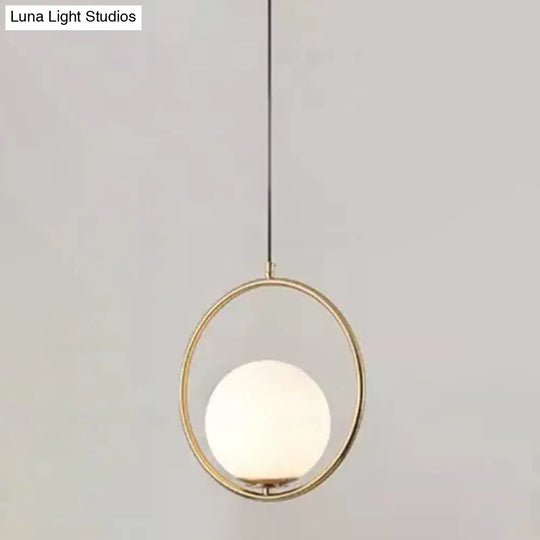 Mid-Century Globe Pendant Lamp With White Glass Shade And Metal Ring