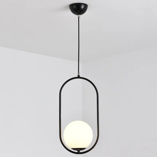 White Glass Pendant Light With Mid-Century Globe Design And Metal Ring Black / 16’