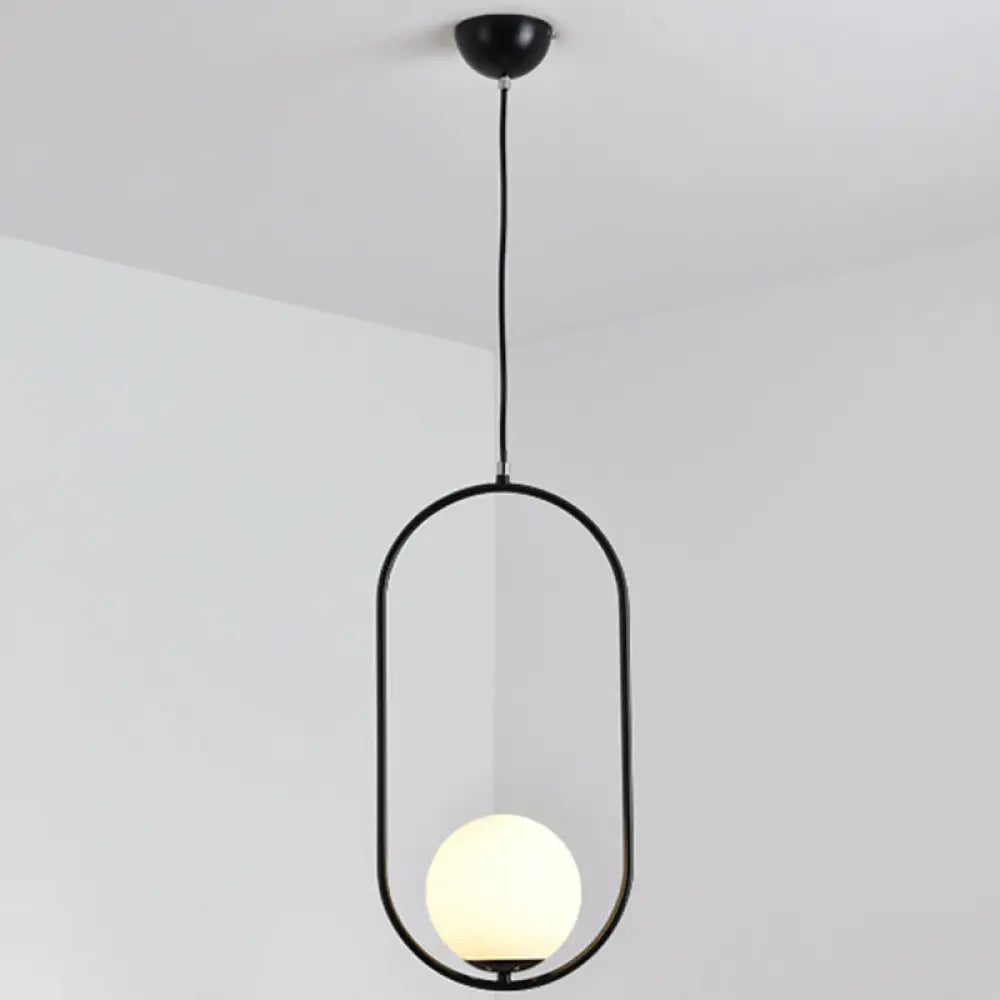 White Glass Pendant Light With Mid-Century Globe Design And Metal Ring Black / 19.5’