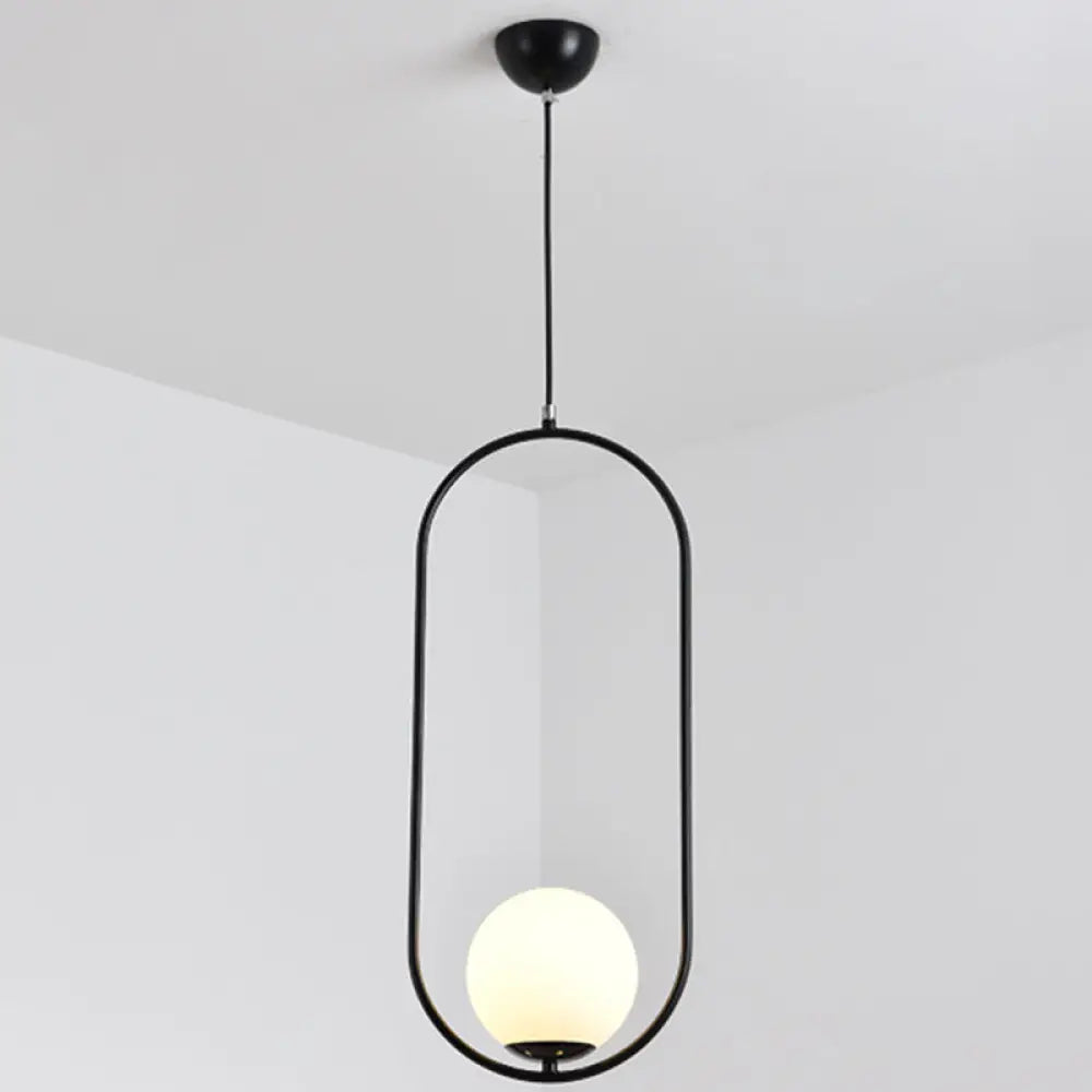 White Glass Pendant Light With Mid-Century Globe Design And Metal Ring Black / 23.5’