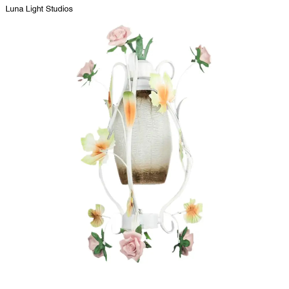 White Glass Pendant Light With Rose Decor - Pastoral Style 1 Bulb Restaurant Hanging Lamp