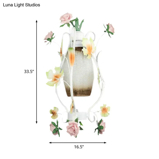 White Glass Pendant Light With Rose Decor - Pastoral Style 1 Bulb Restaurant Hanging Lamp