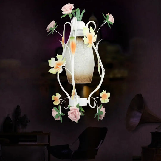 White Glass Pendant Light With Rose Decor - Pastoral Style 1 Bulb Restaurant Hanging Lamp