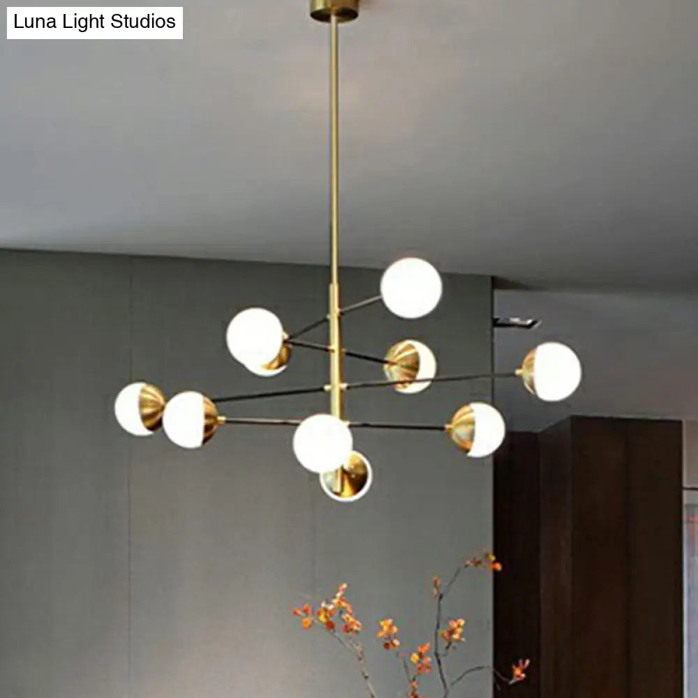 Postmodern Gold-Toned Tiered Restaurant Chandelier With White Glass Balls - Hanging Light Fixture