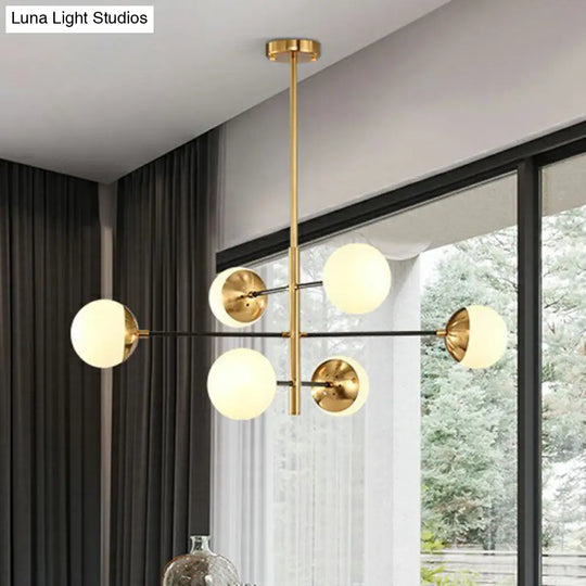 Postmodern Gold-Toned Tiered Restaurant Chandelier With White Glass Balls - Hanging Light Fixture