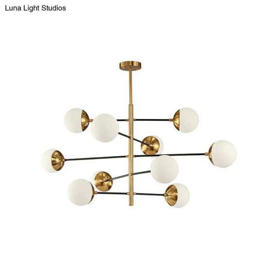 Postmodern Gold-Toned Tiered Restaurant Chandelier With White Glass Balls - Hanging Light Fixture 10