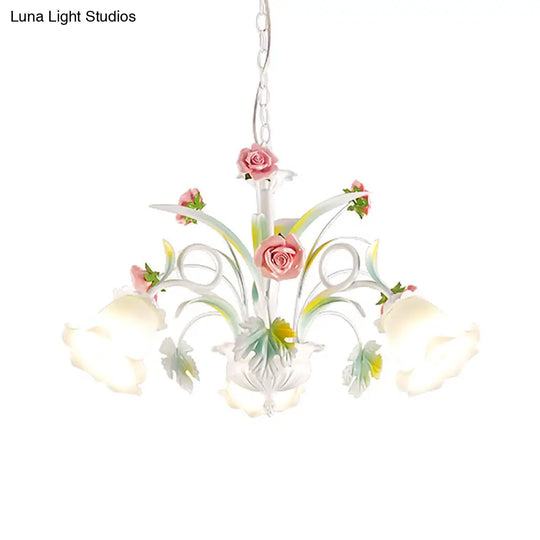 White Glass Rose Chandelier - 3 Bulb Pendant Light For Countryside Living Room