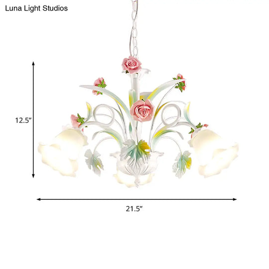 White Glass Rose Chandelier - 3 Bulb Pendant Light For Countryside Living Room