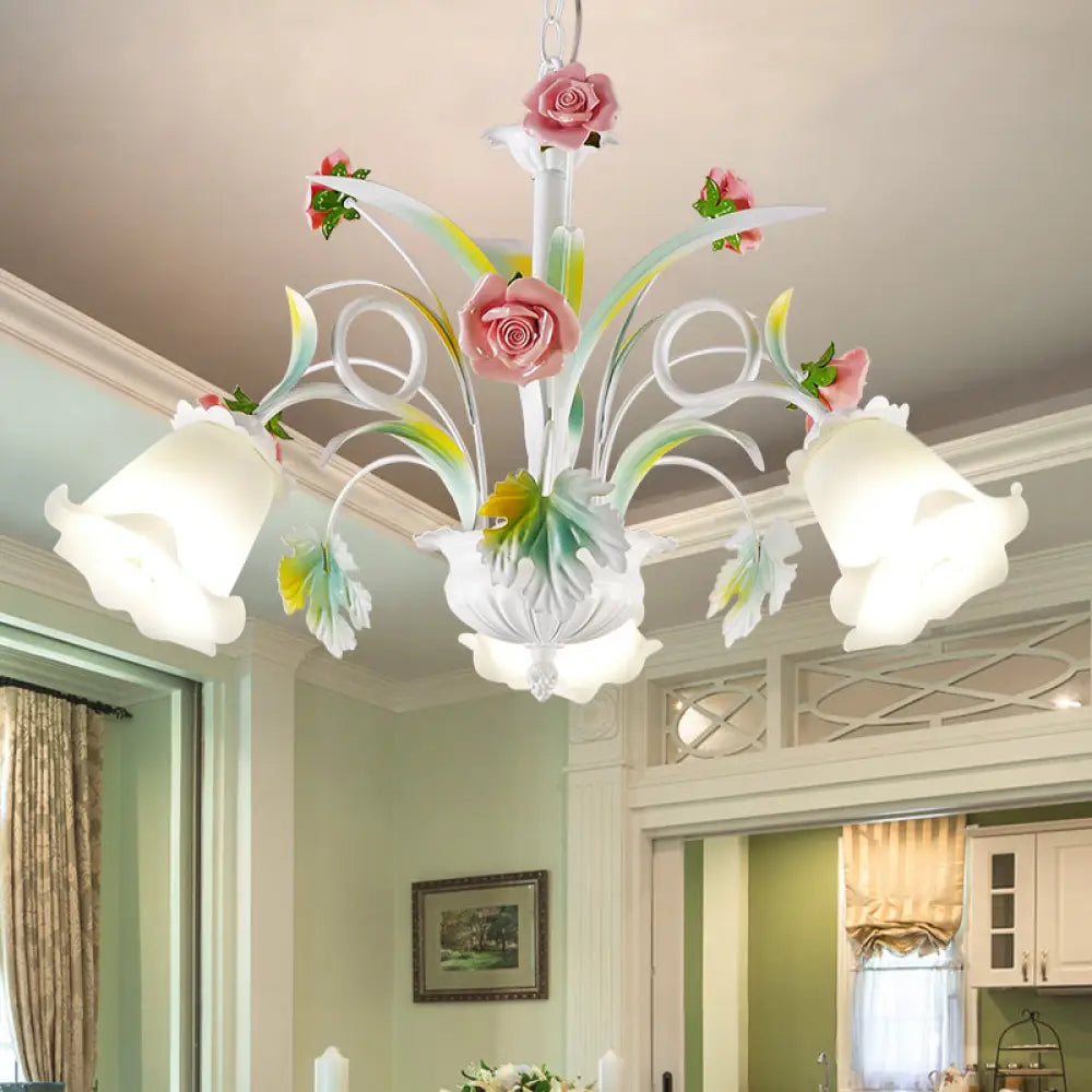 White Glass Rose Chandelier - 3 Bulb Pendant Light For Countryside Living Room