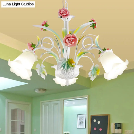 White Glass Rose Chandelier - 3 Bulb Pendant Light For Countryside Living Room