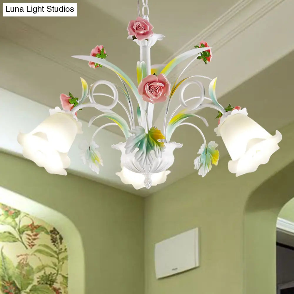 White Glass Rose Chandelier - 3 Bulb Pendant Light For Countryside Living Room