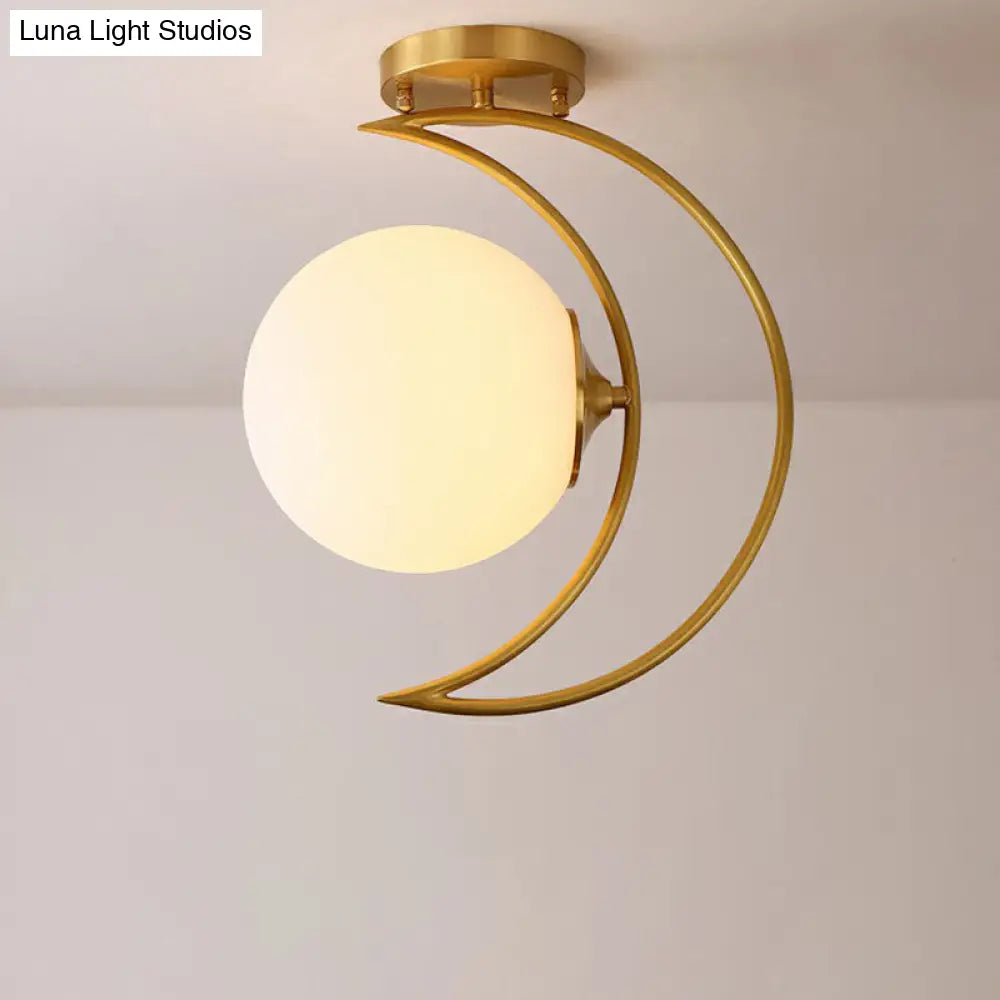 White Glass Semi Flush Ceiling Light With Nordic Style Gold Crescent Design / Large