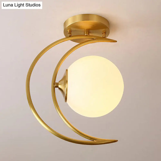 White Glass Semi Flush Ceiling Light With Nordic Style Gold Crescent Design