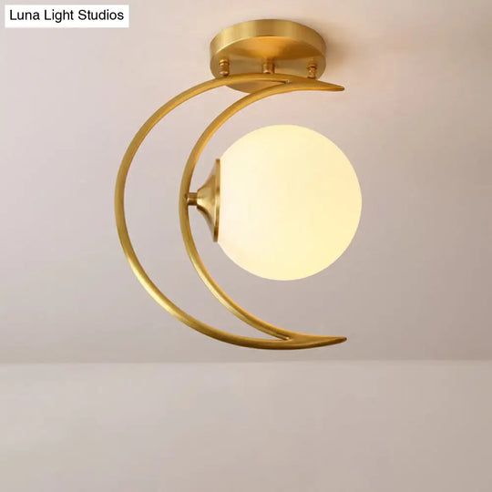 White Glass Semi Flush Ceiling Light With Nordic Style Gold Crescent Design / Small