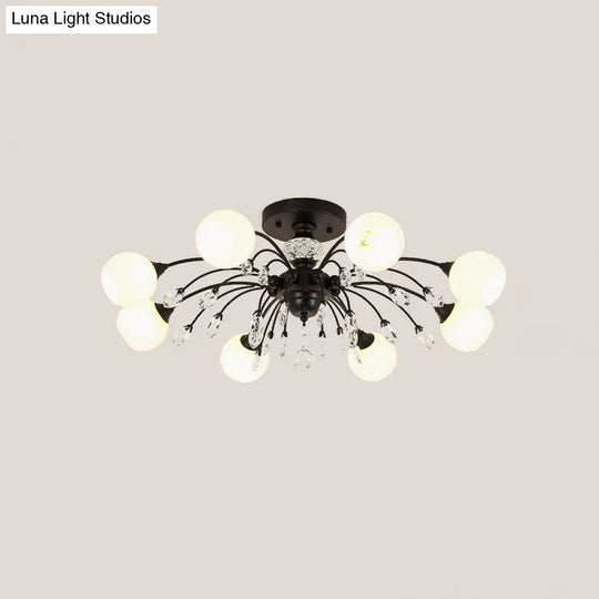 White Glass Semi Flush Chandelier With Crystal Accent - Modern Black Meteor Design Ceiling Light