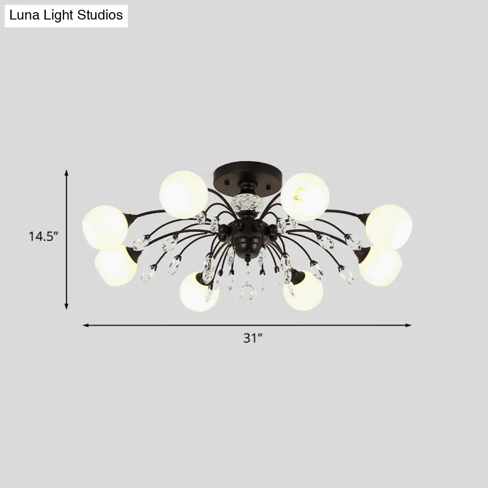 White Glass Semi Flush Chandelier With Crystal Accent - Modern Black Meteor Design Ceiling Light For