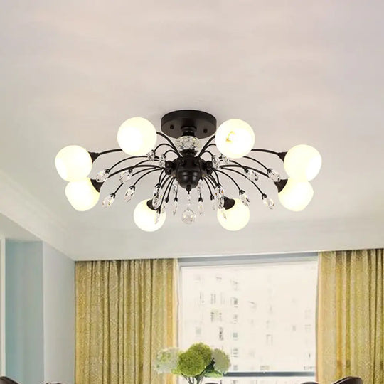 White Glass Semi Flush Chandelier With Crystal Accent - Modern Black Meteor Design Ceiling Light