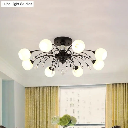 White Glass Semi Flush Chandelier With Crystal Accent - Modern Black Meteor Design Ceiling Light For