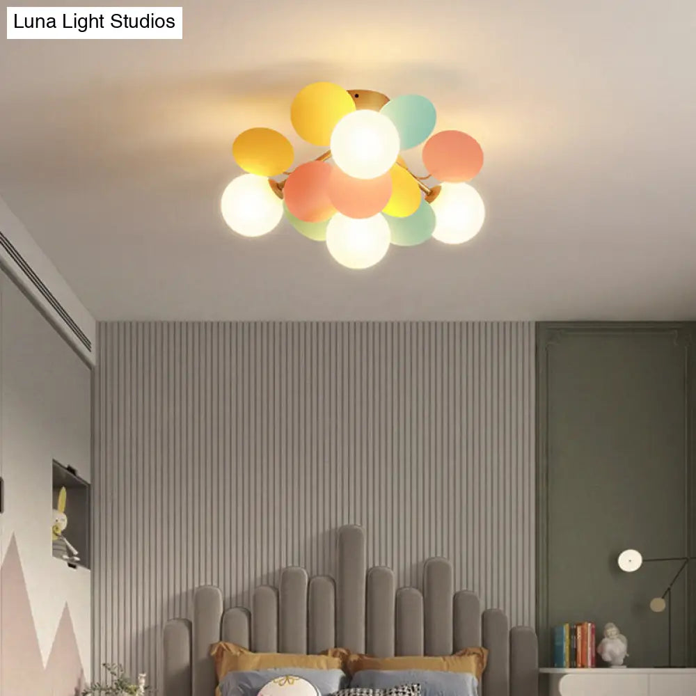 White Glass Semi Flush Circle Chandelier For Childrens Room - Creative Ceiling Light Fixture