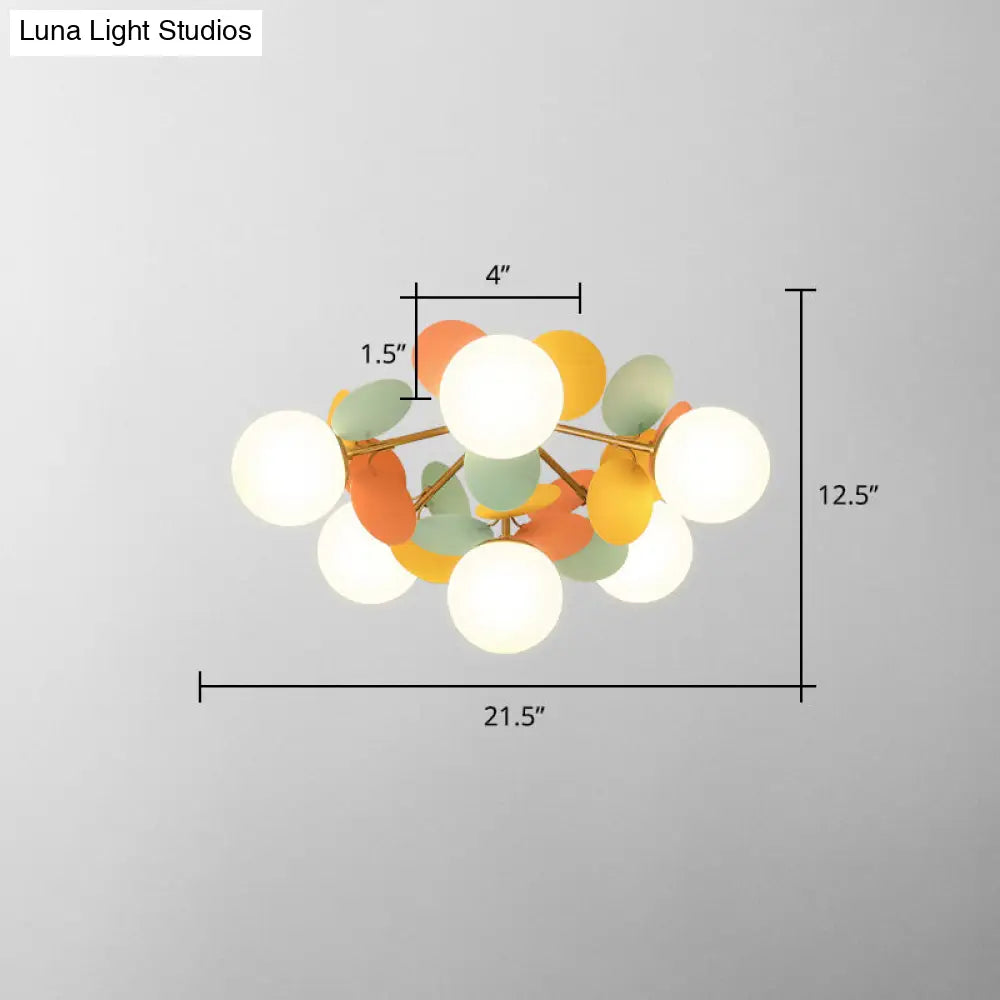 White Glass Semi Flush Circle Chandelier For Childrens Room - Creative Ceiling Light Fixture