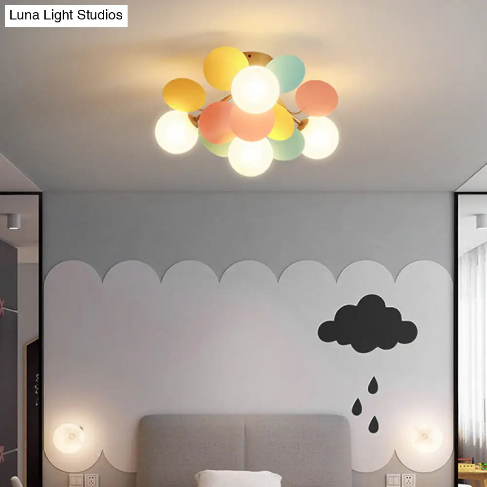 White Glass Semi Flush Circle Chandelier For Childrens Room - Creative Ceiling Light Fixture 4 /