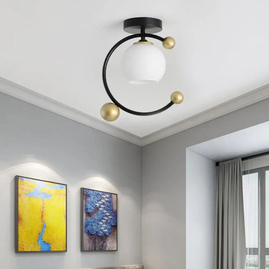 White Glass Semi Flush Mount With Black Iron Ring Modernist 1 Light Fixture 10’/12’ Wide / 10’