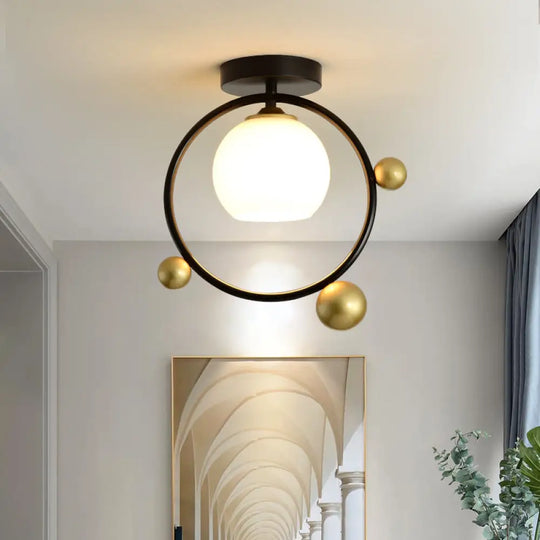 White Glass Semi Flush Mount With Black Iron Ring Modernist 1 Light Fixture 10’/12’ Wide / 12’