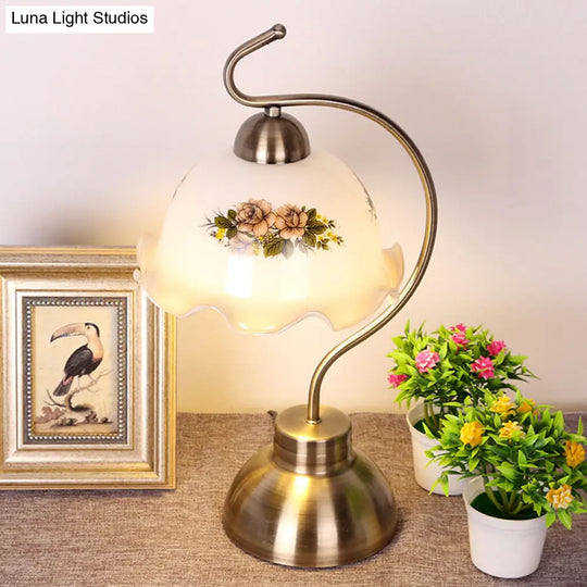 White Glass Table Lamp With Brass Bow Arm - Single Bulb Nightstand Light