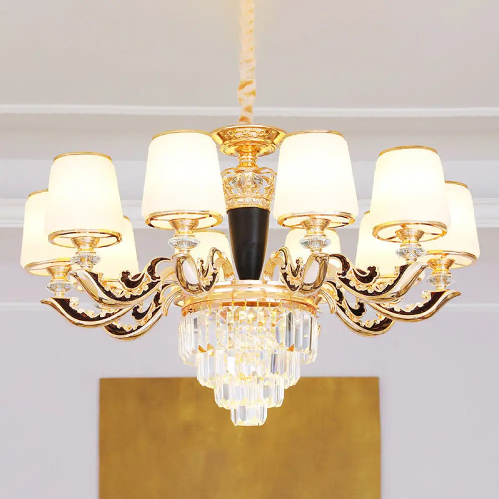 White Glass Tapered Ceiling Chandelier With Layered Crystal Décor - Traditional Living Room Lighting