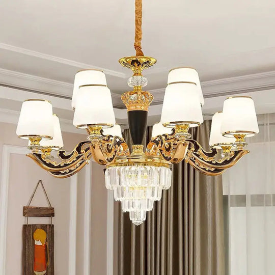 White Glass Tapered Ceiling Chandelier With Layered Crystal Décor - Traditional Living Room Lighting