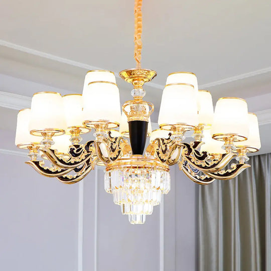 White Glass Tapered Ceiling Chandelier With Layered Crystal Décor - Traditional Living Room Lighting