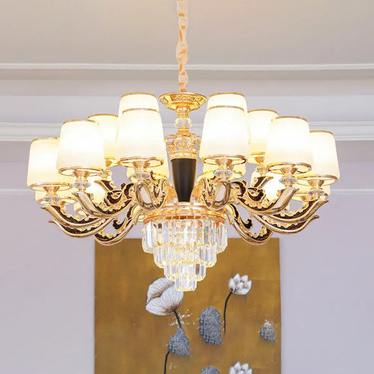 White Glass Tapered Ceiling Chandelier With Layered Crystal Décor - Traditional Living Room Lighting