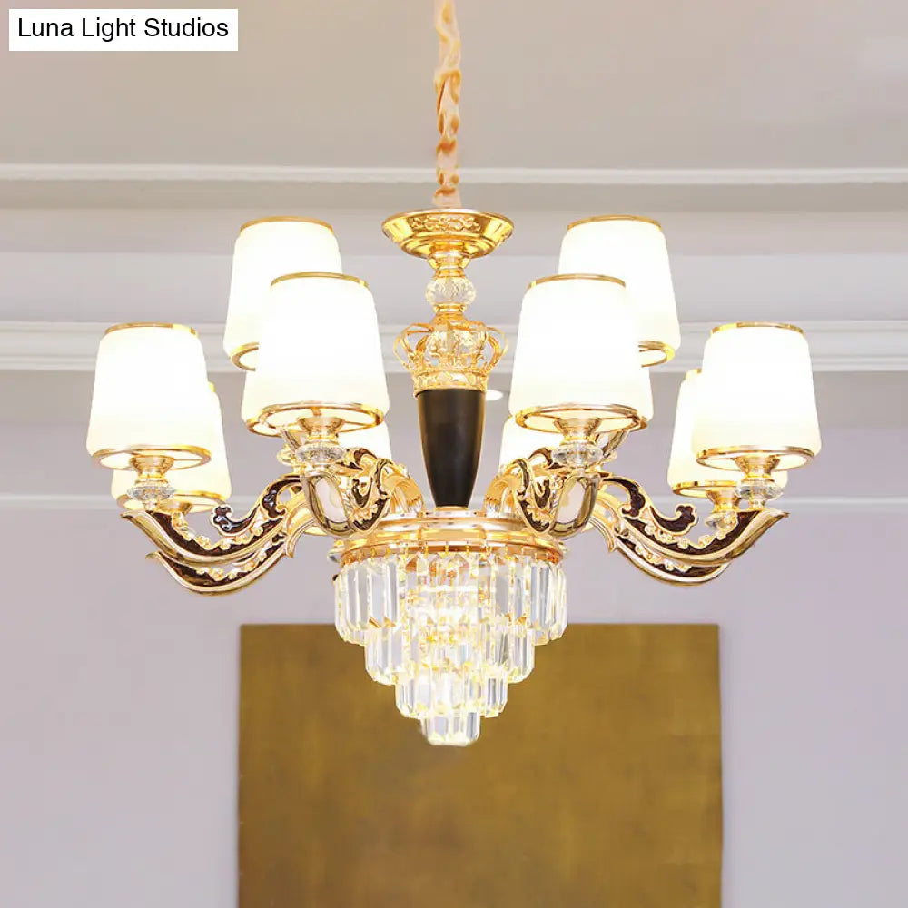 White Glass Tapered Ceiling Chandelier With Layered Crystal Décor - Traditional Living Room Lighting