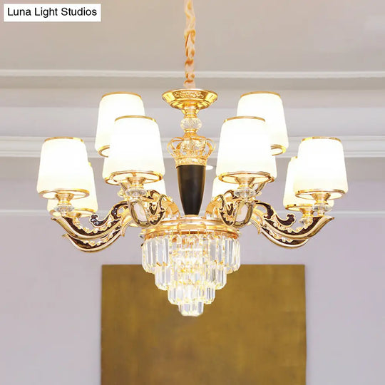 White Glass Tapered Ceiling Chandelier With Layered Crystal Décor - Traditional Living Room Lighting