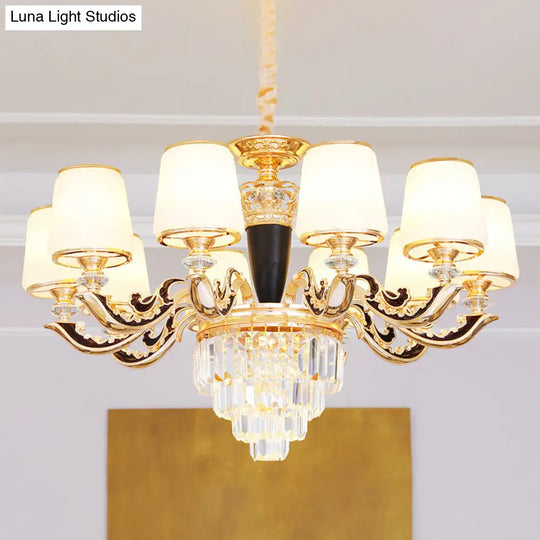 White Glass Tapered Ceiling Chandelier With Layered Crystal Décor - Traditional Living Room Lighting