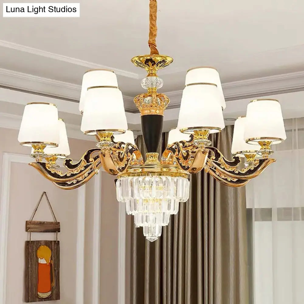 White Glass Tapered Ceiling Chandelier With Layered Crystal Décor - Traditional Living Room Lighting