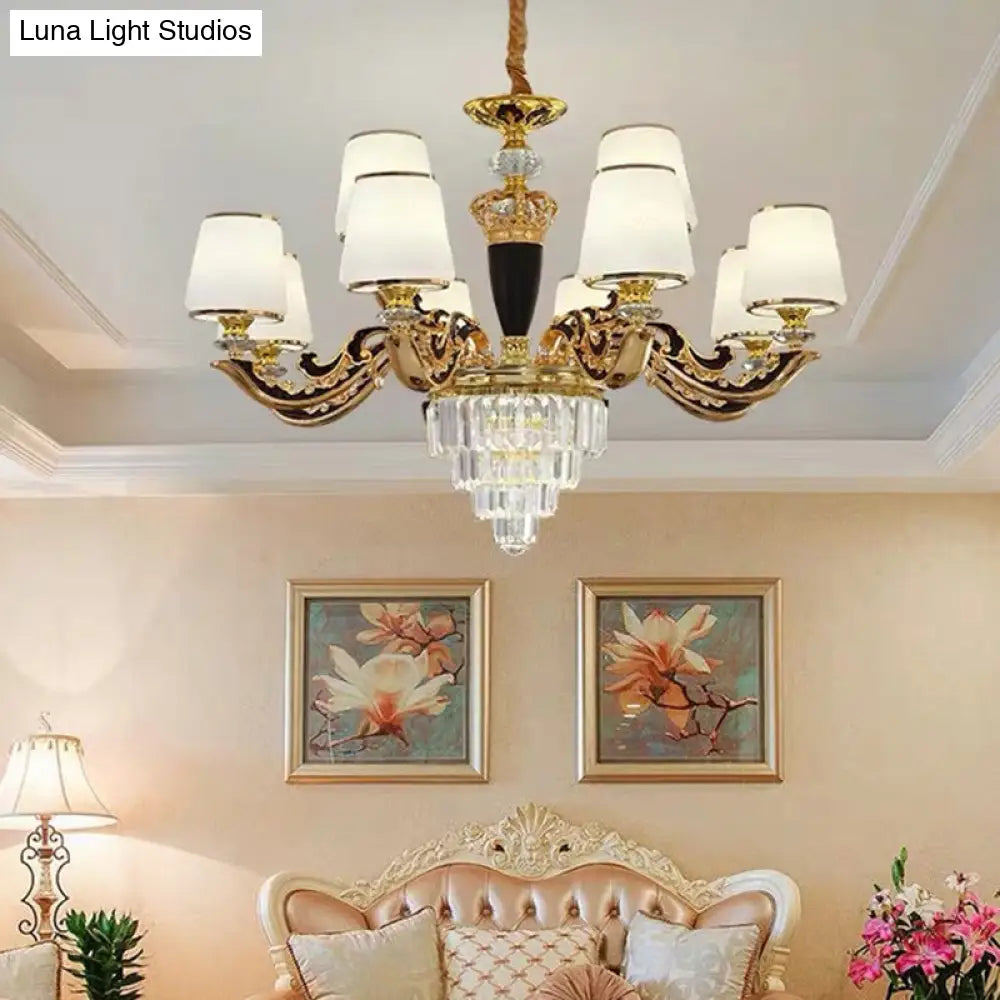 White Glass Tapered Ceiling Chandelier With Layered Crystal Décor - Traditional Living Room Lighting