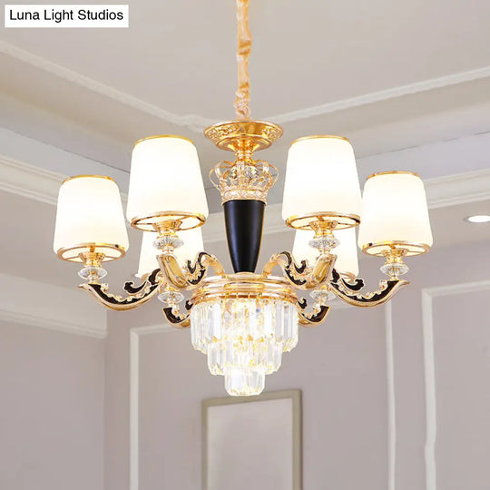 White Glass Tapered Ceiling Chandelier With Layered Crystal Décor - Traditional Living Room Lighting