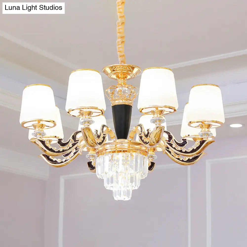 White Glass Tapered Ceiling Chandelier With Layered Crystal Décor - Traditional Living Room Lighting