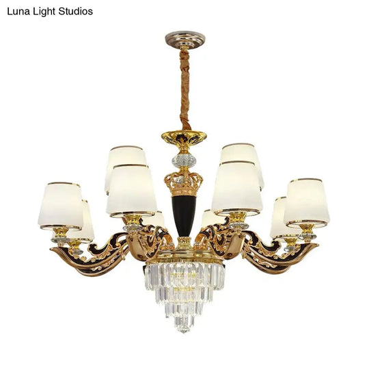 White Glass Tapered Ceiling Chandelier With Layered Crystal Décor - Traditional Living Room Lighting