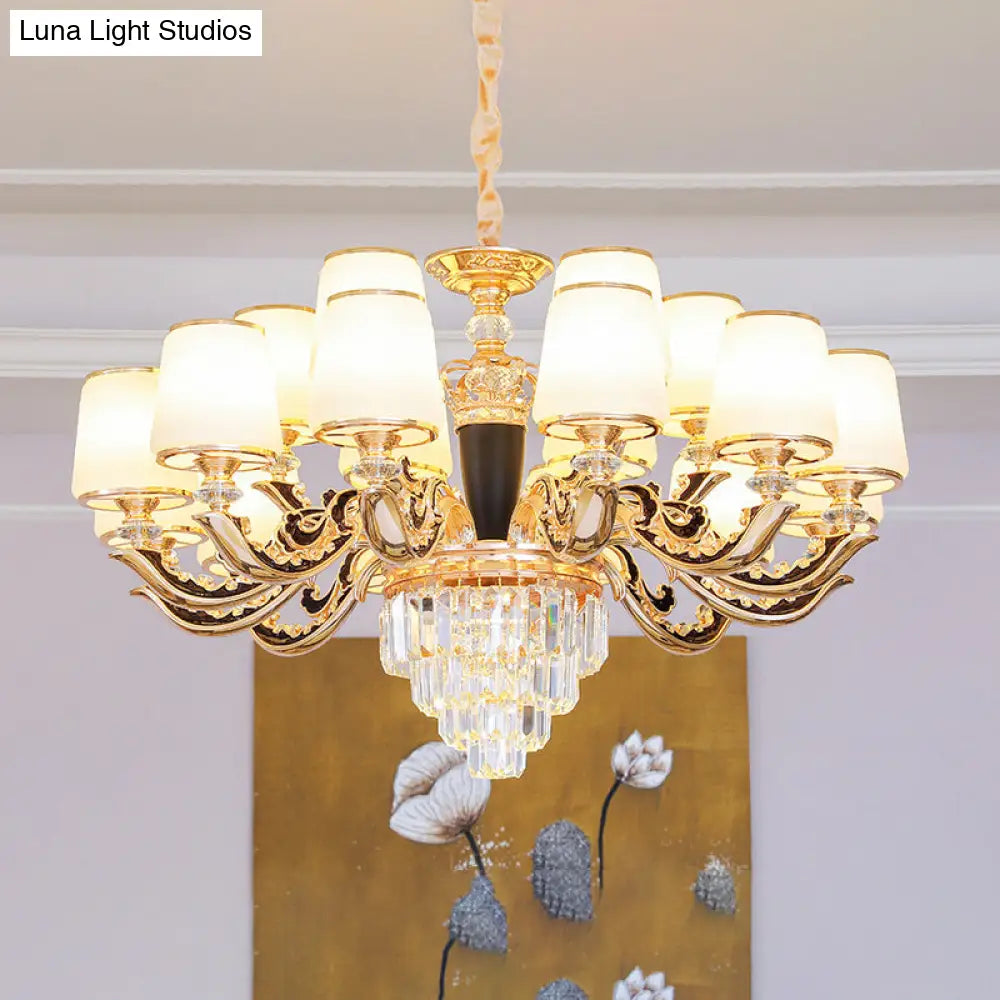 White Glass Tapered Ceiling Chandelier With Layered Crystal Décor - Traditional Living Room Lighting