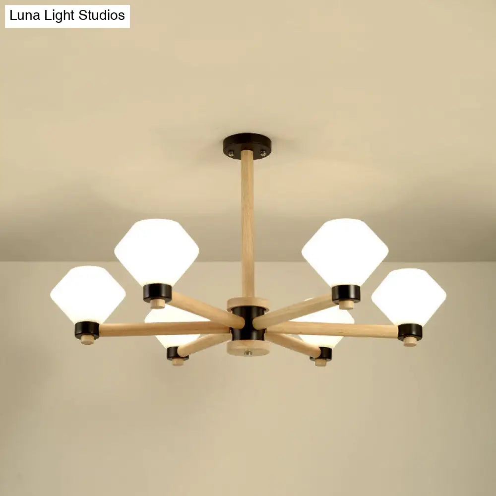 White Glass Urn Shade Pendant Light - 6-Light Nordic Wood Hanging Lamp For Living Room